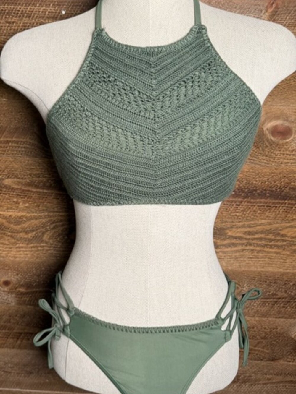 Xhilaration Crochet High-Neck Olive Bikini Set w/ (2) Bottoms